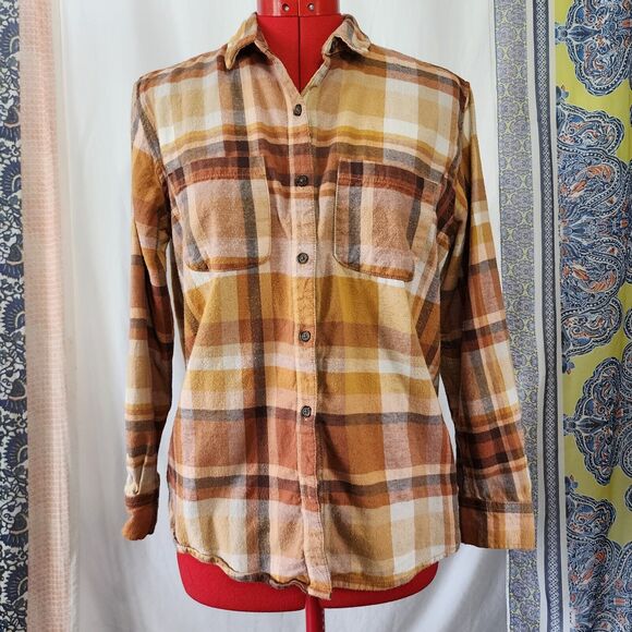 UNIVERSAL TREAD Brown Plaid Long Sleeve Button Up Boyfriend Shirt Size S - Picture 1 of 6